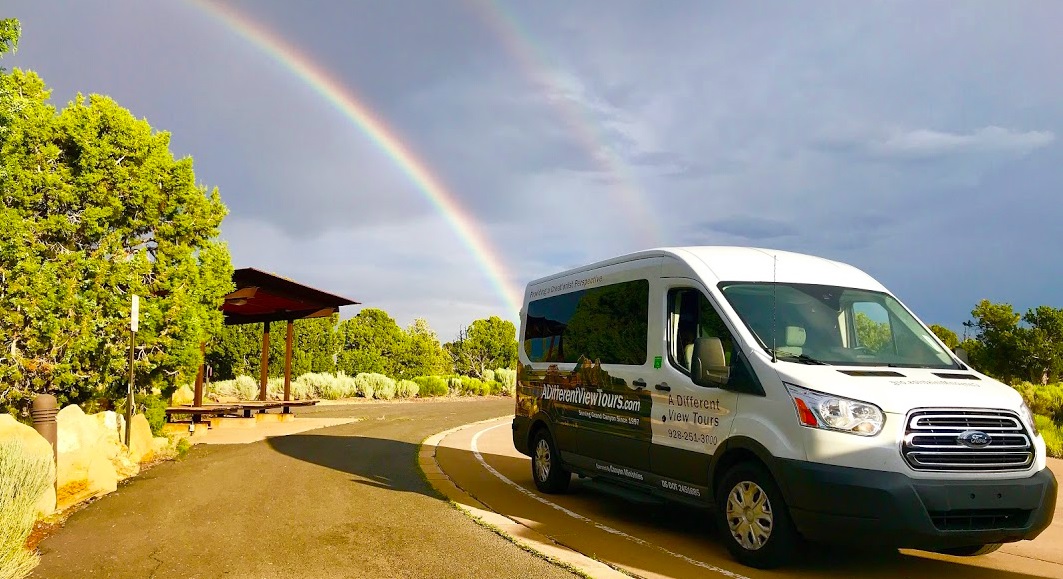 Canyon Ministries Van with Rainbow at Desert View Narrow